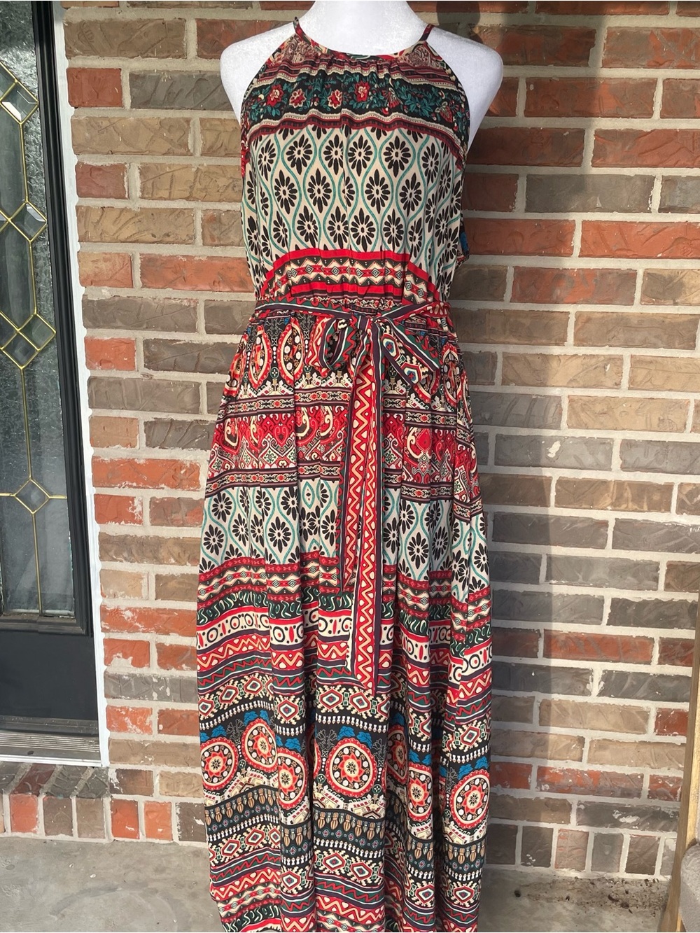 SHEIN Red, Cream and Green Boho Halter Maxi Dress